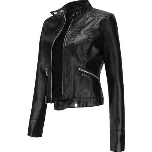 2021 New Elegant Fashion Leather Jacket Women Purple PU Fall Outwear