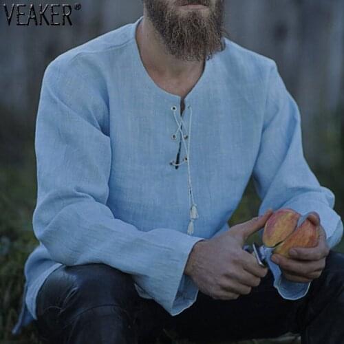 2021 New Mens Cotton Linen T shirt Male Solid Color V Neck bandage T shirts Casual Long Sleeves Linen tshirt Tops S-4XL