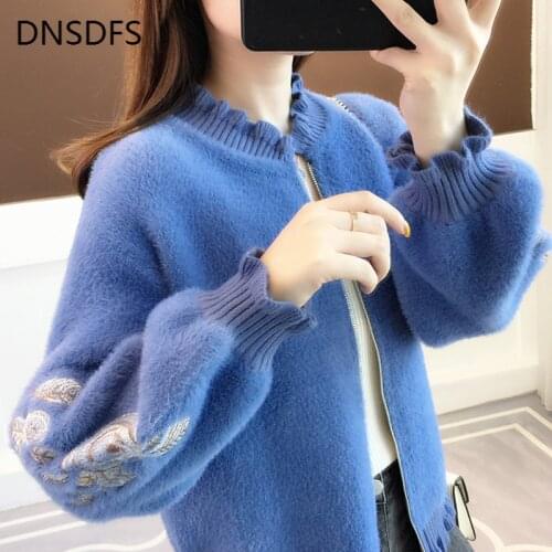 New Arrive Thicken Winter Sweater Autumn Women Sweet Casual Mink Sweaters Cardigan Embroidered Lantern Sleeve Knitted Clothes