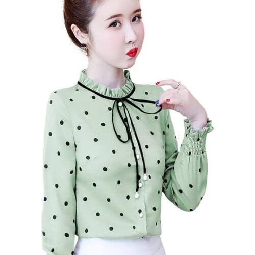 New Arrival Women Spring Summer Style Chiffon Blouses Shirts lady Casual Long Sleeve Stand Collar Dot Printed Busas Tops ZZ0278