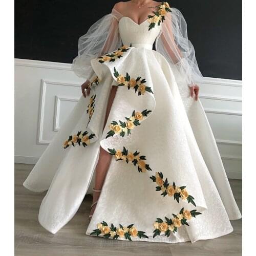 New Evening Dress Dubai Arabic Off the Shoulder 2021 Sweetheart Handmade Flowers Long Tulle Sleeve Ball Prom Dresses Party Gowns