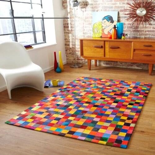 Rainbow Colorful Chequer Luxury Cowhide Seamed Rug , Modern Natrual Cowskin Chequer Carpet for Living Room Decoration