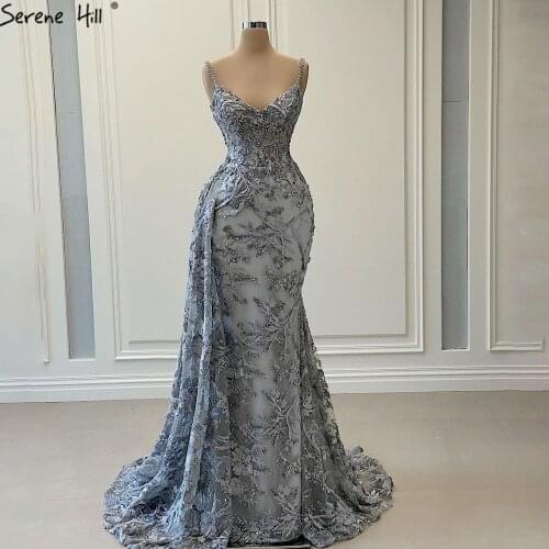 Serene Hill Grey Mermaid Sexy Evening Dress 2020 Handmade Flowers Beading Sleeveless Formal Party Wear Gown CHM67181