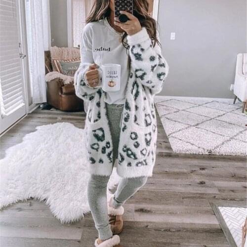 Leopard Print Loose Sweater Coat Mid-length Cardigan Womens Clothing