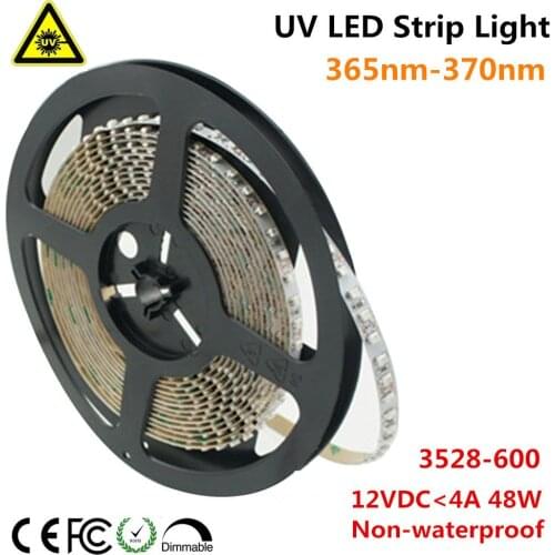 Ultraviolet LED Strip, 365nm-370nm 16.4FT 48W 5M 12V SMD3528 600LEDs UV Ultraviolet Non-Waterproof 8mm White PCB Flexible ST143