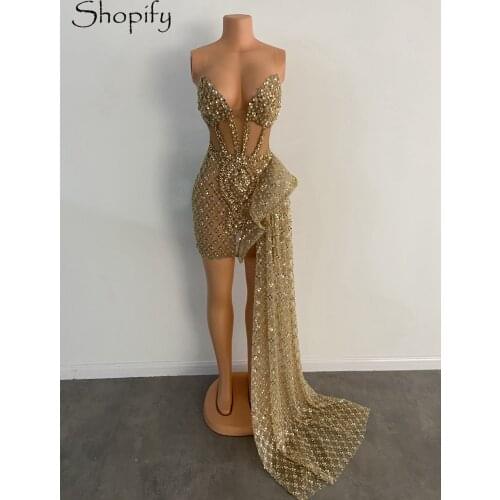 High Low Luxury Beaded Sequined African Women See Through Gold Short Cocktail Dresses 2021 Real