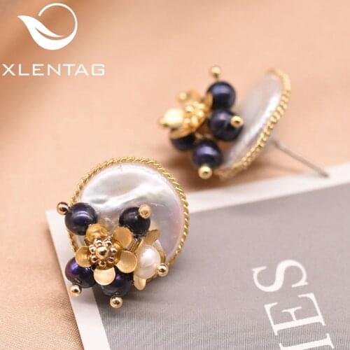 XlentAg Handmade Natural Baroque Flat Pearl Earrings For Women Wedding Party Flower Stud Earrings Luxury Fine Jewellery GE0650