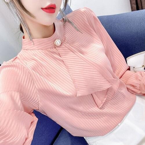 T-shirts Women Pearl Beading Long Sleeve 2021 New Spring Summer Autumn Women Casual Blouse Chiffon Elegent OL Office Lady C2382
