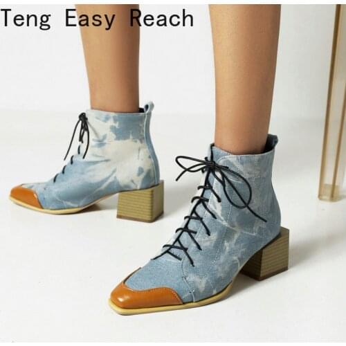 Ladies Denim Short Boots Fashion Color Matching Four Seasons Womens Shoes Comfortable Square High Heel Cross Tied Tooling Boots