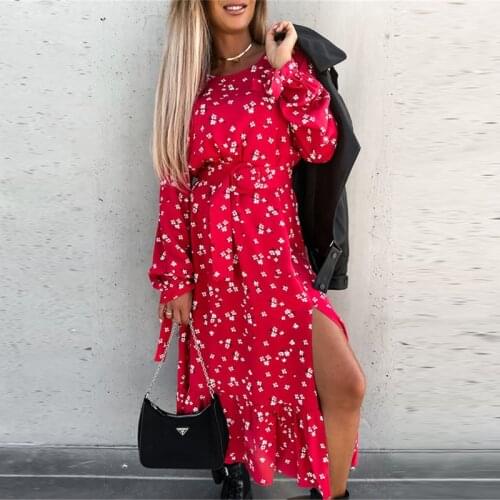 2021 Women Fashion Floral Printed Casual Dresses Elegant O Neck Ruffle Maxi Dress Autumn Long Sleeve Side Slit Party Dress Lady