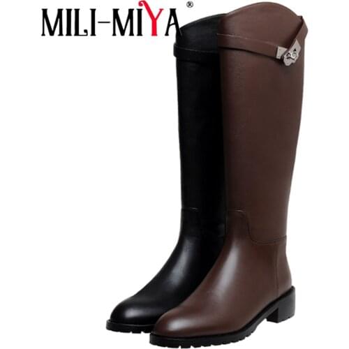 MILI-MIYA Fashion Women Riding Boots Full Genuine Leather Knee High Square Heels Round Toe Zipper Plus Size 34-43 Handmade