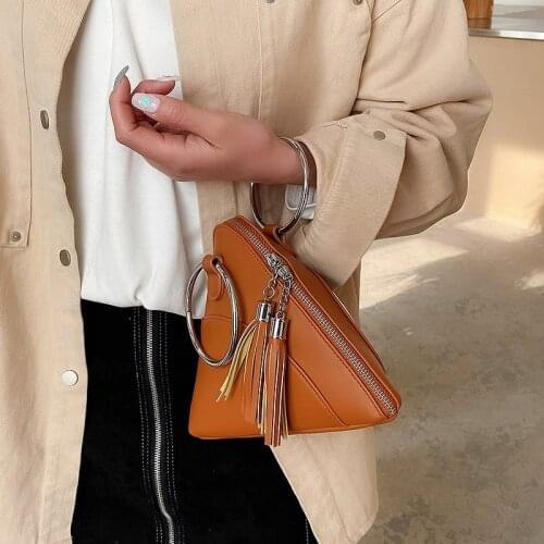 Casual Triangle PU Leather wrist Clutch bag For Women 2021 Mini Handbags and Purses Fashion Iron ring Handle tassel Chain Design