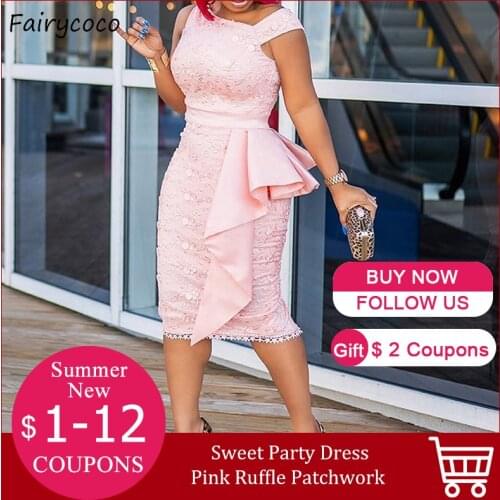 Summer Party Dress Women Sweet Midi Dresses Pink Ruffle Patchwork High Waist Elegant Vestidos Office Ladies Plus Size Fashion