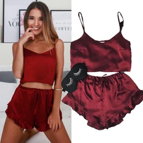 Women Sexy Lingerie Clothing Set Silk Short Nightgown For Women Red V-Neck Tops+Short Pants Pajama Set Solid Pajama 2 pcs Sets
