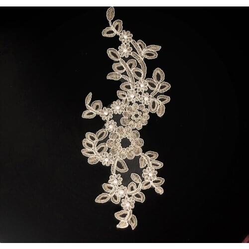 1pc Exquisite beaded Lace Applique Champagne Gold Appliques Embroidery Lace Trim Fabric Cloth Sewing Patchwork DIY Craft 32x13cm