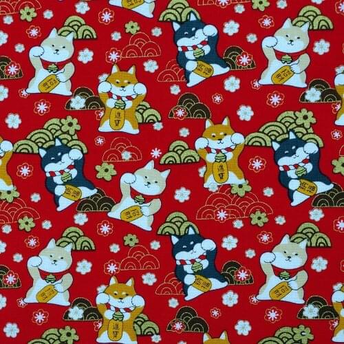 1 yard Printed Cotton Woven Fabric - Lucky Cats,Flower and Cloud on Red Background (width=140cm)