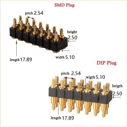 2pcs SMD/DIP Spring Loaded Pogo Pin Connector 14 Pin 7.0 mm Height PCB Through Holes Dual Row 2.54 mm Pitch 2x7 Position Gold