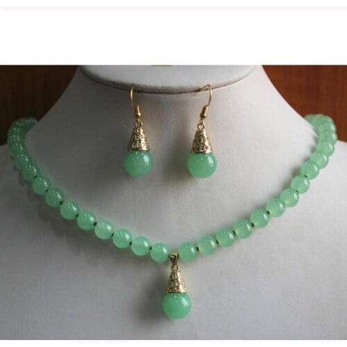 2 styles ladys 8mm light green jades nice necklace Natural Stone/pearl hook earring&pendant necklace jewelry set