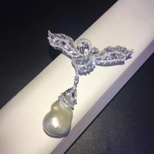 Baroque natural fresh water pearl brooch 925 sterling silver with cubic zircon swan brooch unisex fine jewelry