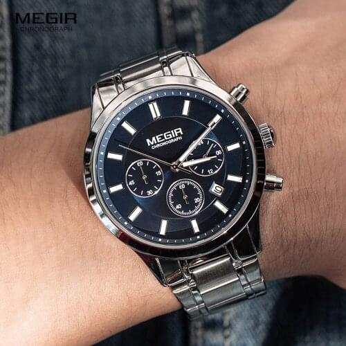 MEGIR Stainless Steel Watch for Men Silver Blue Lumious Wristwatch Luxury Business Chronograph Quartz Watches montres часы reloj