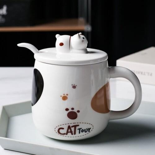 Creative Ceramic Cute Cartoon Cat Coffee Mug With Lid and Spoon Porcelain Teacup Couple Breakfast Milk Cup Office Drinkware