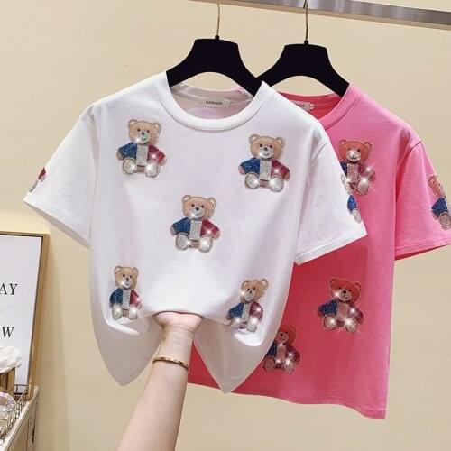 Summer Cotton Tops Woman T-shirt Printed Diamond Tee Shirt Pink Short Sleeve Tshirt Women Kawaii Clothes Ladies Tops 2021