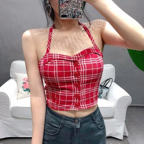 Summer plaid Crop Top Sleeveless Women Sexy front buttons Basic T Shirt red Off Shoulder halter neck Tank Top Casual