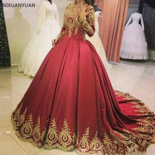 Muslim Red Wedding Dresses High Neck Long Sleeves Wedding Gown Ball Gown Bridal Gown Gold Lace Appliques Robe De Mariee