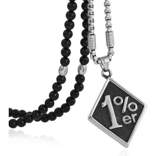 Mens Cool 316L Stainless Steel 1%er Pendant Necklace with Black Natural Stone Chain 26"