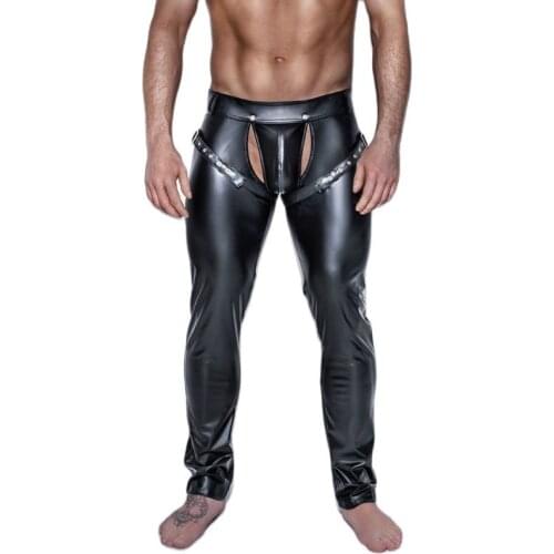 Mens Appeal Clothing Funniest Open-Seat Pants Adult Club Bar Party Faux Leather Crotchless Tight Trousers With Passion Leggings