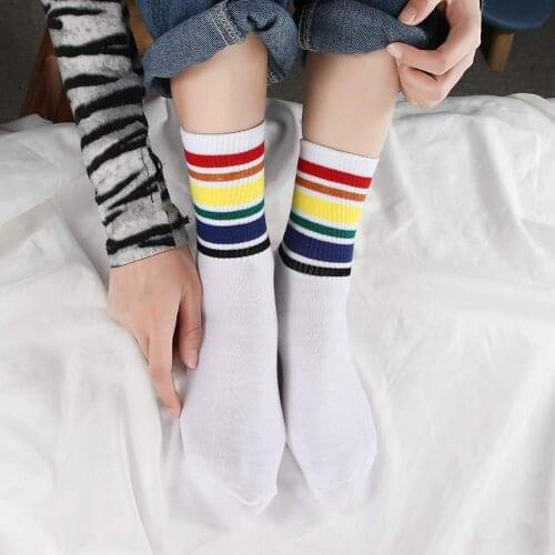 2021 New Womens Cotton Rainbow Happy Socks Black White Stripe Fashion lgbt clothes Colorful Spring Autumn Casual Short Socks