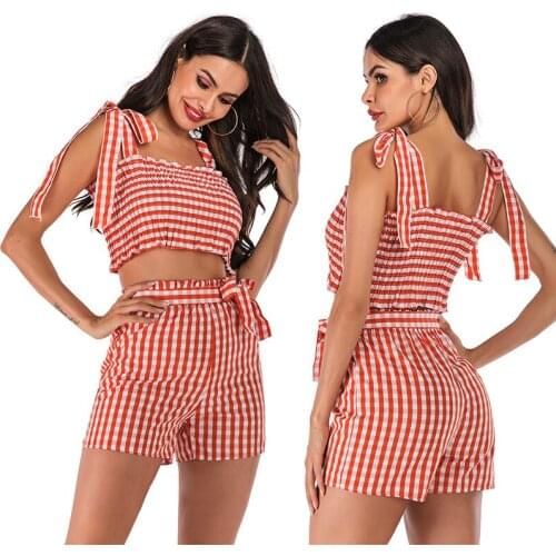 2021 New Fashion Home Holiday Summer Plaid Vest Suit Women Two-Piece Shorts