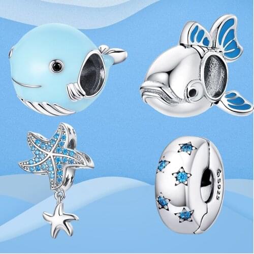 Authentic 925 Sterling Silver Beads Blue Crystal Blue Whale Fish Star Waves Charm Fit Original Bracelet DIY Jewelry