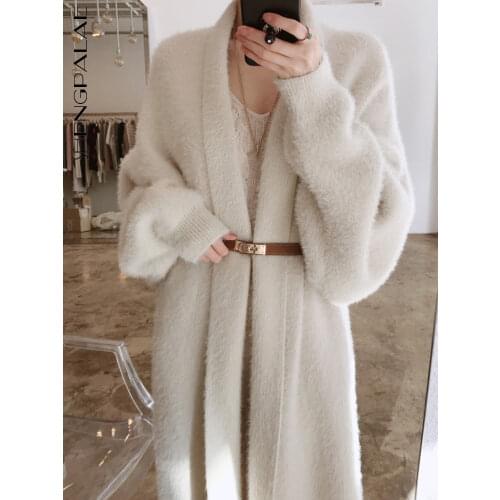 SHENGPALAE 2021 Korean Autumn Womens Trench Elegant Loose Long-sleeved Warm Solid Color Mink-like Fur Coat With Belt ZT1431