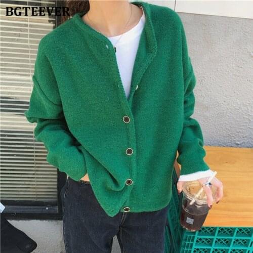 BGTEEVER Autumn Winter O-neck Female Open Stitch Sweaters 2021 Casual Long Sleeve Single-breasted Green Women Cardigans Tops