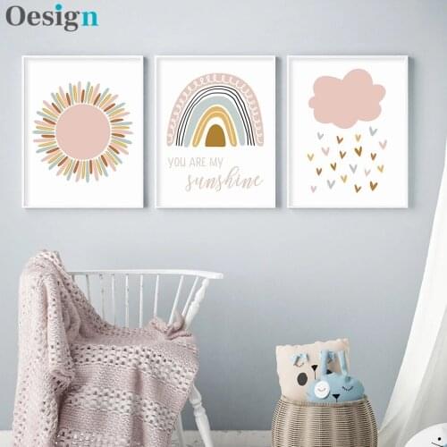 Boho Pink Rainbow Clouds You Are My Sunshine Nursery Poster Canvas Painting Print Girl Wall Art Picture for Kids Room Home Decor