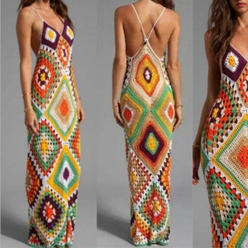 Handmade crochet colorful beach long dress cover up fashion women Spaghetti V neck bikini swimwear cover-ups dress
