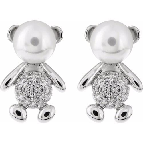 High quality fashion pearls and zircon earrings for girl laddy korean stud earrings cute bear Cubic Zirconia silver color ER-224