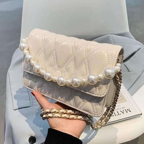 2021 Pu Leather Lattice Crossbody Bags for Women Designer Small Handbags Shoulder Messenger Bag Mini Purses with Pearl Handle