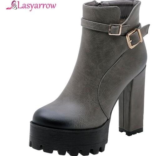 Lasyarrow Super High Heels Gothic Punk Date Party Womens Shoes Black Gray Brown Buckle Strap Platform Ankle Ladies Boots Winter