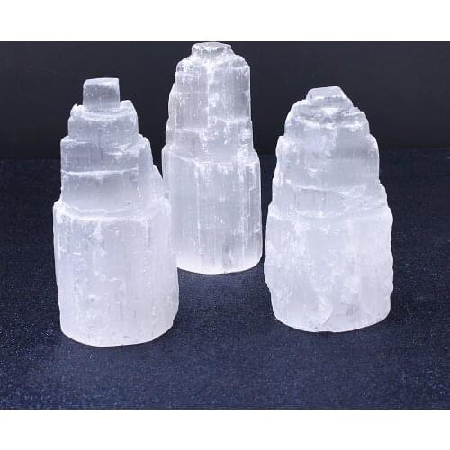 1PCS Selenite 100mm Decoration White Gypsum Skyscraper Castle Towers Gypsum Crystal Point 240-350g