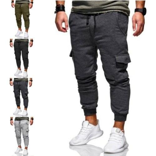 2020 Casual Men Solid Sport Long Pants High Waist Tracksuit Fitness Workout Joggers Pockets Gym Trousers