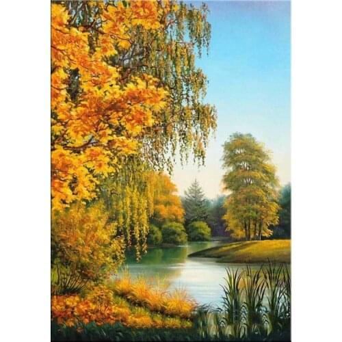 Div 5D Yellow Fall Autumn Tree Wood Landscape Lake Full Diamond Painting cross stitch kits art Scenic 3D paint by diamonds