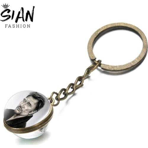 SIAN Johnny Hallyday Key Chains Handmade Glass Cabochon Rock Singer Johnny Hallyday Art Photo Pendant Keyring for Fan Souvenirs