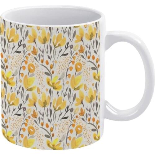 Yellow Field White Mug White Ceramic Tea Cup Birthday Gift Milk Cups and Mugs Floral Pattern Botanical Watercolor Watercolour Ye