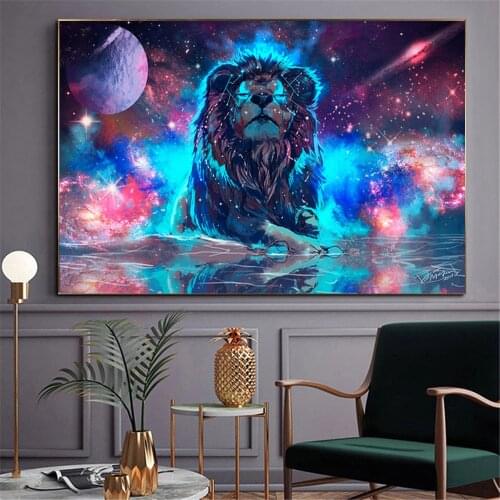 Colored Planet Glowing Lion Canvas Painting Modern Animal Picture Art Wall Art Poster for Living Room Home Decoration Cuadros