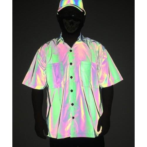 Colorful Reflective Men Short Sleeve Shirt Street Hip Hop Punk Blouse Man Vintage Casual Rainbow Street Loose Reflective Shirts