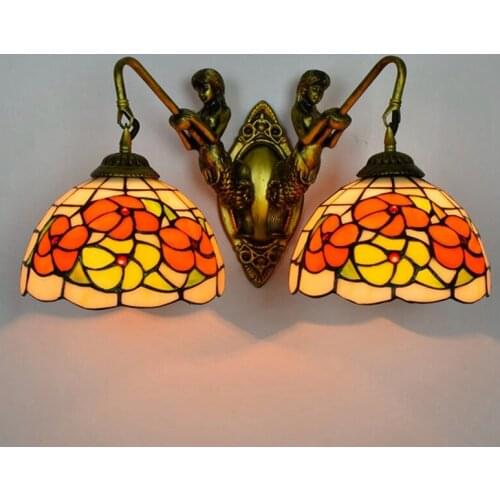 European-Style Mermaid Corridor Double-Headed Wall LampAmerican-Style Rich Flower Pastoral Colored Glass Living Room Dining Room