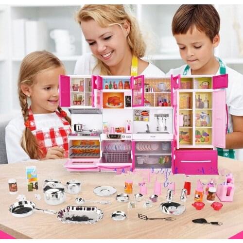 Simulation Kitchen Cabinets Set Children Pretend Play Cooking Tools Mini Dolls Tableware Suits Toys Girls Dollhouse Play Toy Gif