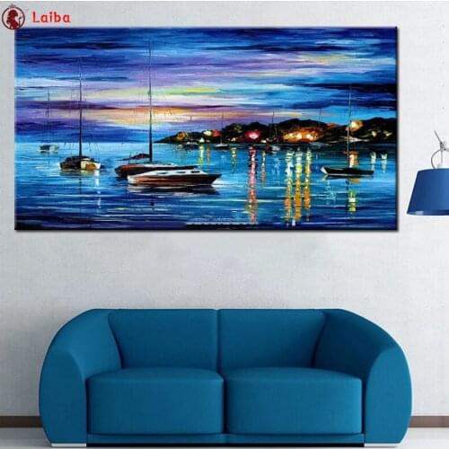 Full square round drill setAbstract art, blue seascape, boat diy diamond painting 5d diamond mazayka embroidery room decor